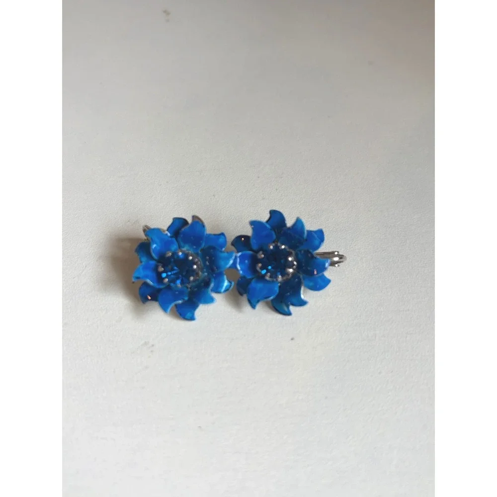 Vintage Coro Blue Enamel Flower Clip On Earrings Crystal‎ Rhinestone Mid Century